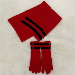 Beautiful Red/Black Aris gloves and Scarf Set. Gold buttons. One size.